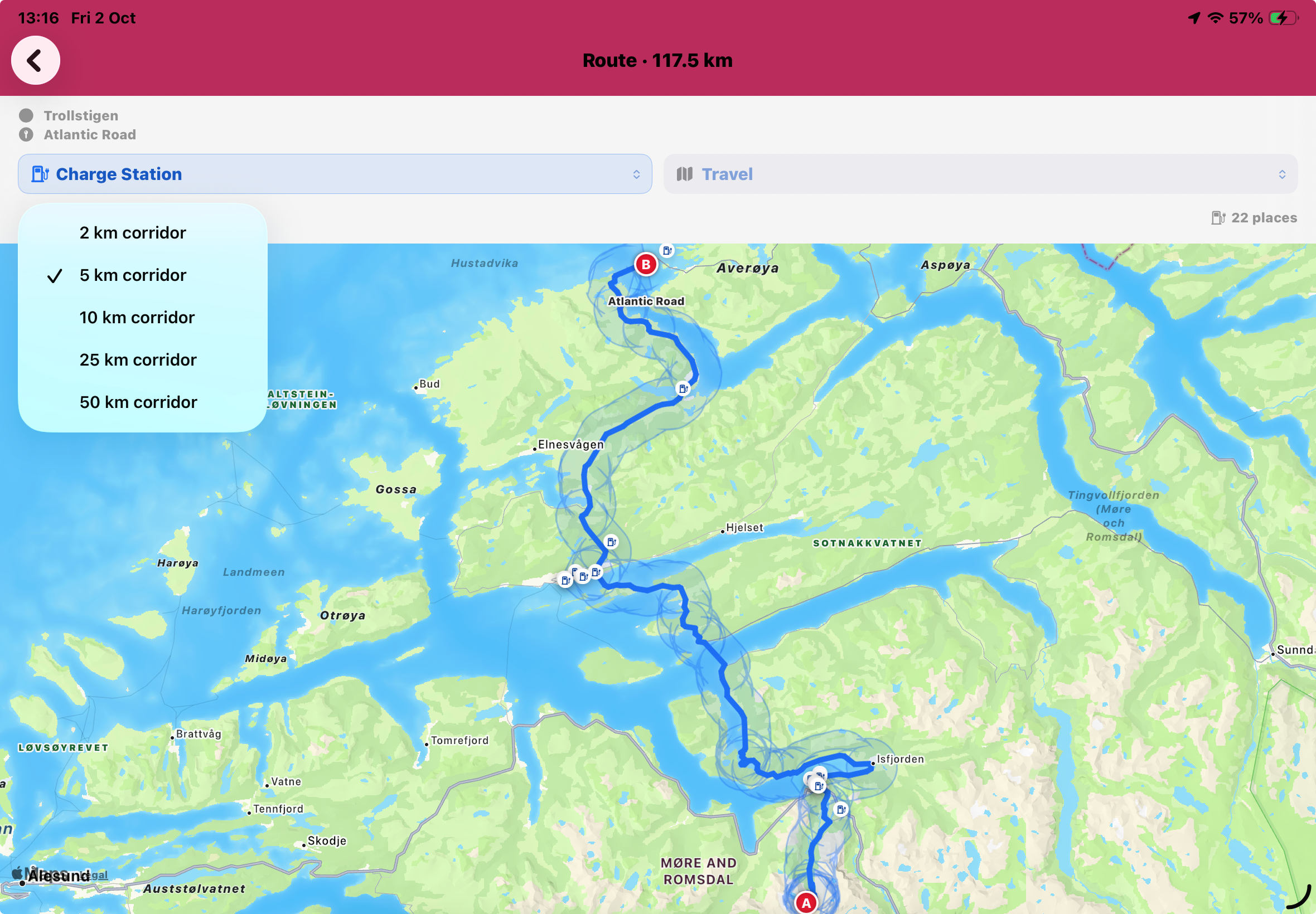 Results for electric-vehicle charging stations less than 10 km from the road along a route.