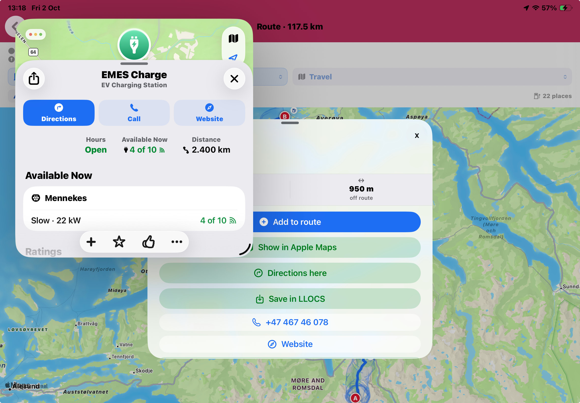 Search results along a longer route.