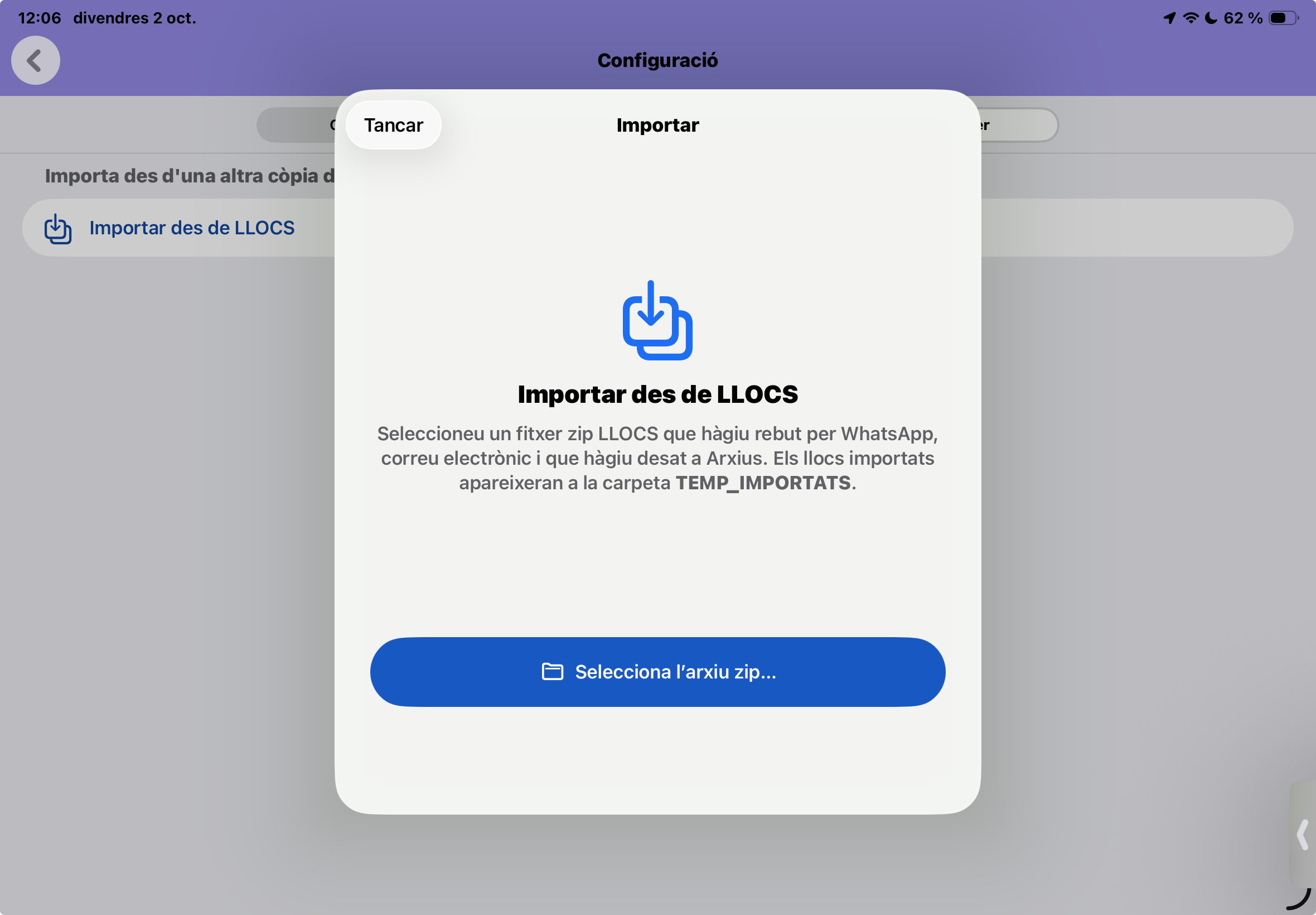 La importació d'un arxiu de dades de LLOCS enviats per un altre usuari s'importen es fa des de la pestanya separada a Configuració: Importar des de LLOCS.