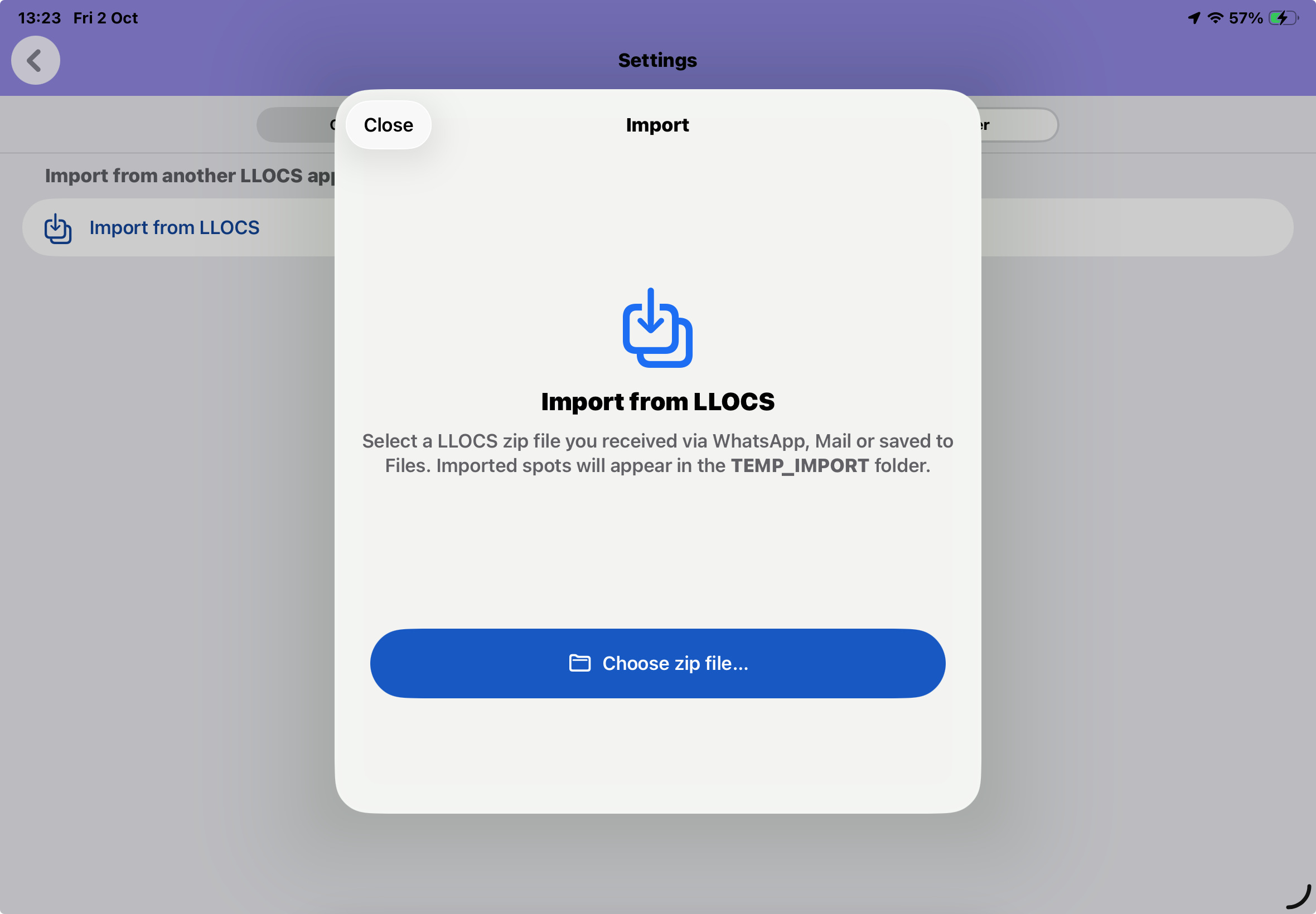 Import a LLOCS data file received from another user through the separate Settings tab: Import from LLOCS.